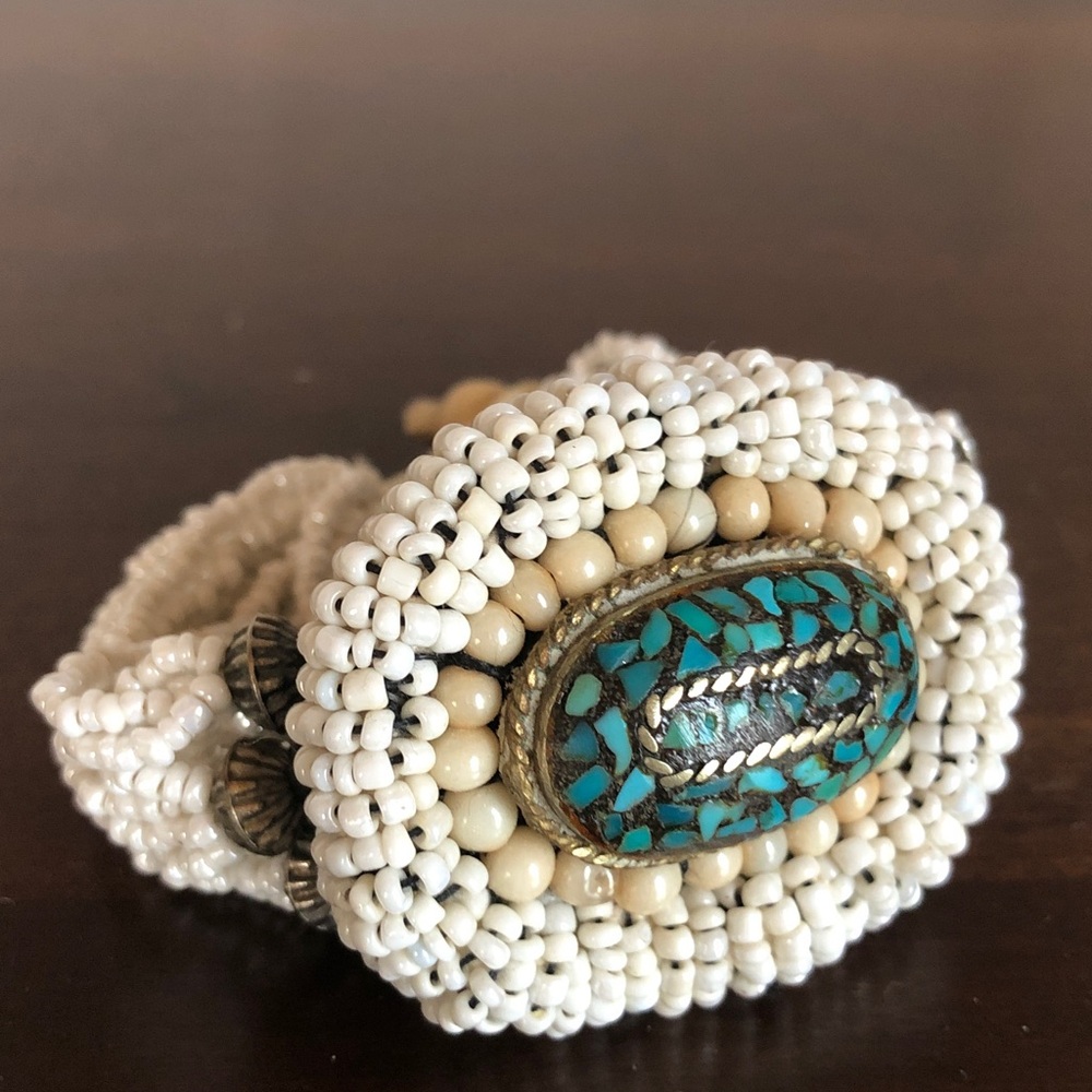 Multi strand hand crafted beaded bracelet turquoise mosaic centre bead